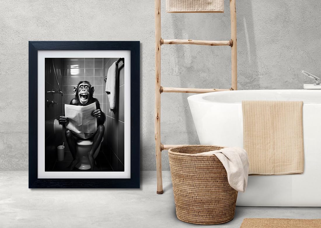 Framed Black and White Animal Bathroom Canvas Wall Art Monkey Reading Newspaper Toilet Humor Decor Funny Bathroom Sign Wall Decor