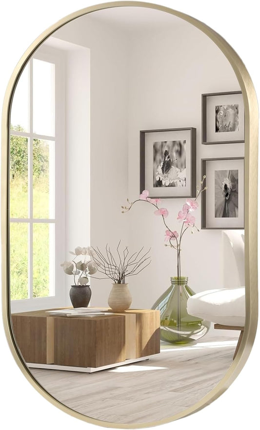 FARMER Gold Oval Mirror, 22x30 Inch Oval Bathroom Mirror, Metal Frame Wall Mirror, Gold Mirror, Wall Mounted Bathroom Vanity Mirror for Bedroom, Living Room, Entryway, Vertical or Horizontal