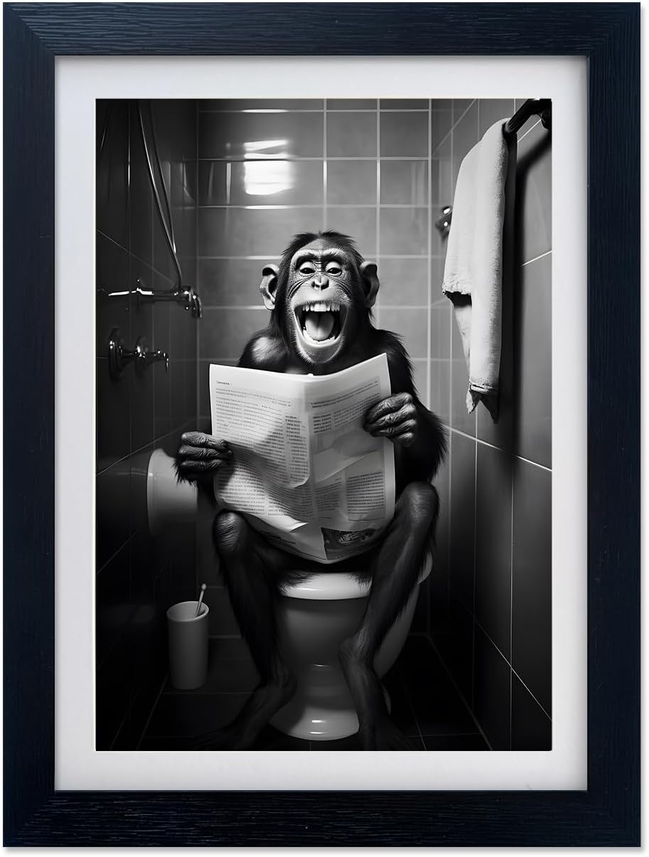 Famed Black and White Bathroom Wall Art Monkey Reading Newspaper Toilet Humor Decor Funny Bathroom Wall Decor Animal Canvas Print Artwork