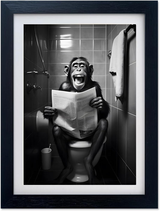 Famed Black and White Bathroom Wall Art Monkey Reading Newspaper Toilet Humor Decor Funny Bathroom Wall Decor Animal Canvas Print Artwork