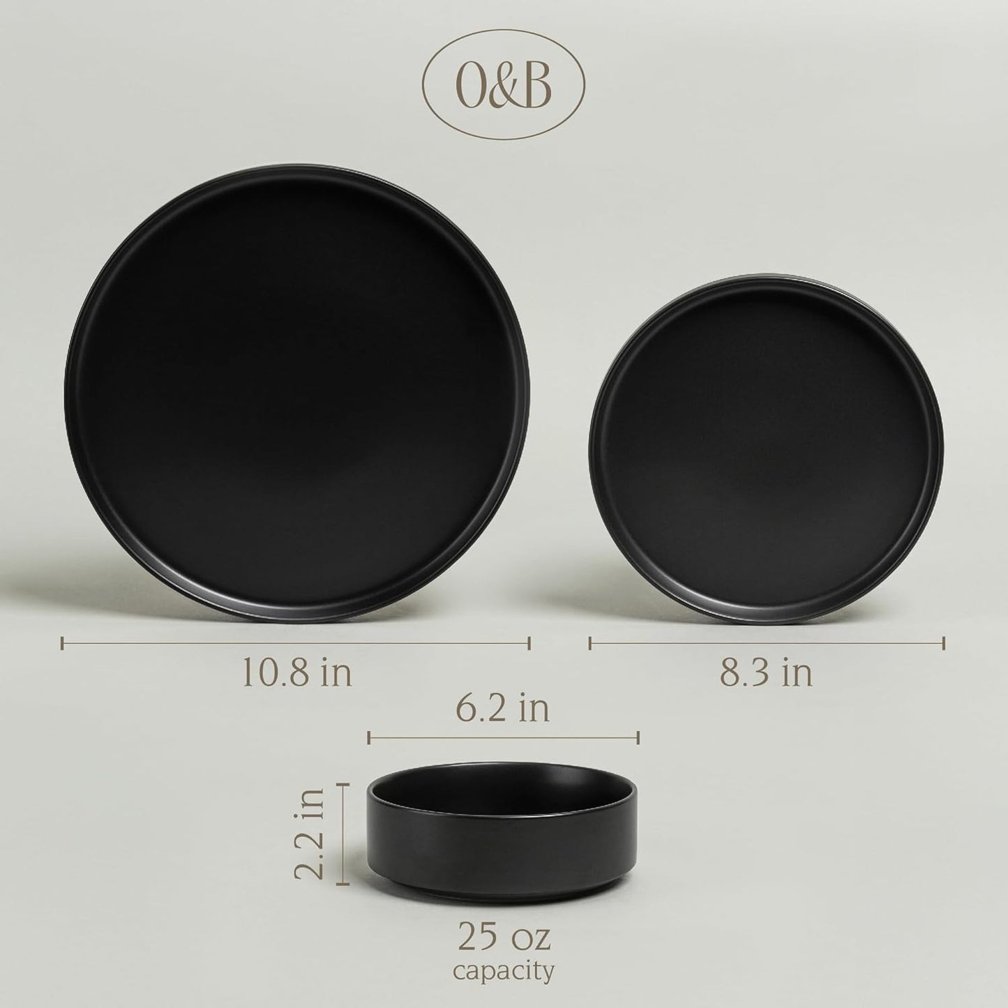 over&back 12-Piece Stackable Stoneware Dinnerware Set – Includes 4 Dinner Plates, 4 Salad Plates, 4 Cereal Bowls & 4 Dinner Bowls – Durable & Stylish Semi-Matte Black Dishes