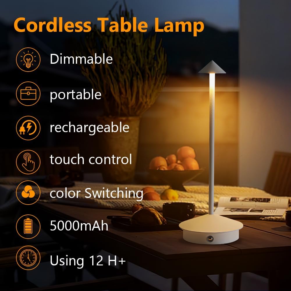 Cordless Table Lamp, 5000mAh Rechargeable Battery Powered LED Desk Lamp, Portable Touch Control Outdoor Table Lamps,3 Color Dimmable Light for Restaurant, Patio, Bedroom, Night Lamp (White)