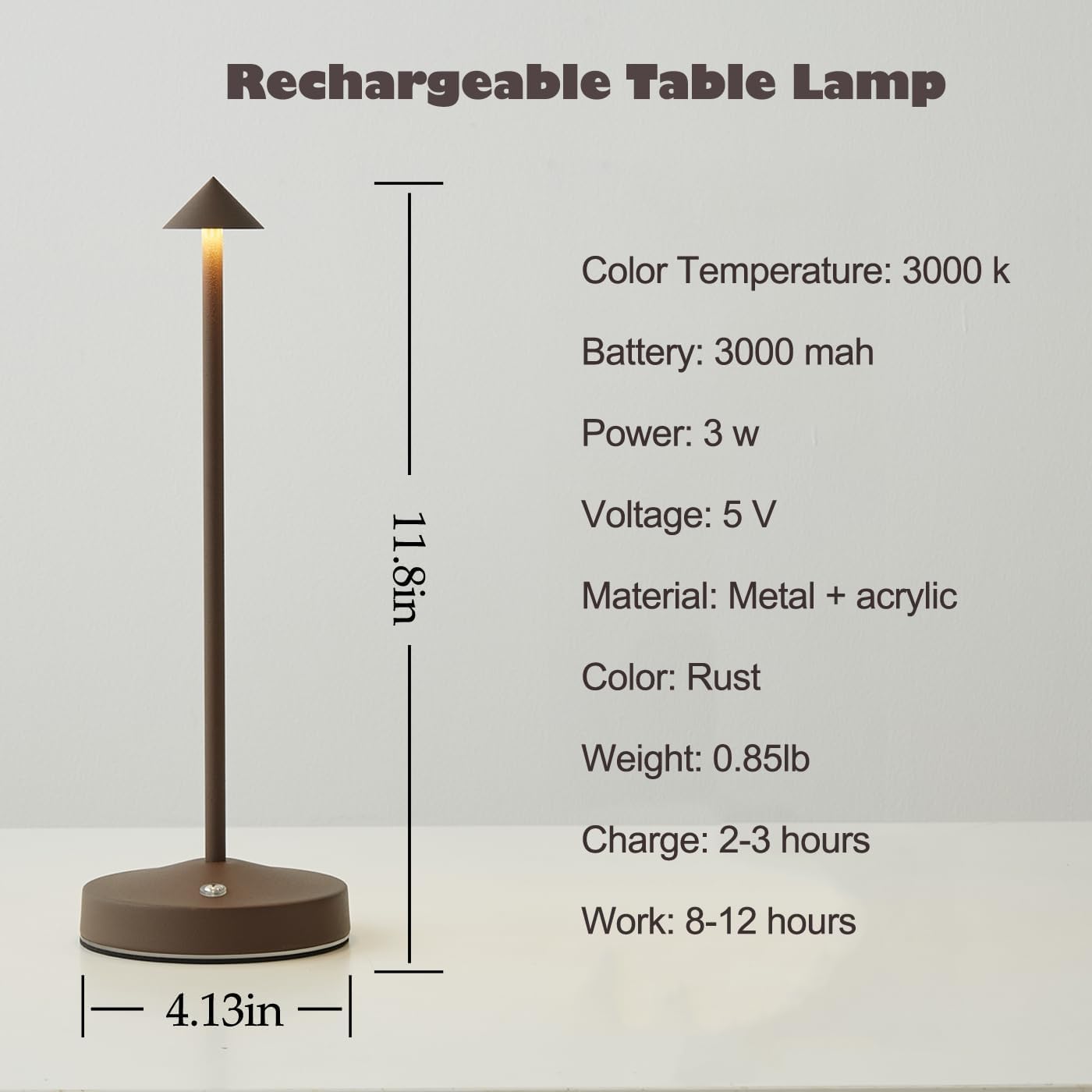Rechargeable Cordless Table Lamps,Modern Battery Operated Table lamp,Portable LED Touch 2 Levels Brightness Dimmable Bar Lamp,Small Lamp in Aluminum for Bars,Restaurant,Living Room(Rust)