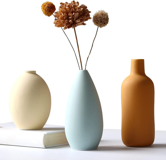 Abbittar Ceramic Vase Set of 3, Minimalist Flower Vase for Rustic, Modern Farmhouse, Living Room, Shelf, Table, Bookshelf, Mantel and Entryway Decor - Multicolor