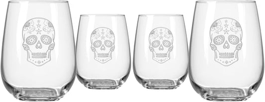 Rolf Glass Sugar Skull Stemless Wine Glass (Set of 4), 17 oz, Clear