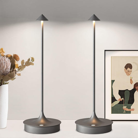 Set of 2 Small Cordless Table Lamp Rechargeable, Battery Operated Desk Lamp, 4000mAh LED Touch Lamp, Dimmable Portable Outdoor Waterproof Wireless Table Light for Restaurants/Bars/Outdoor(Gray)