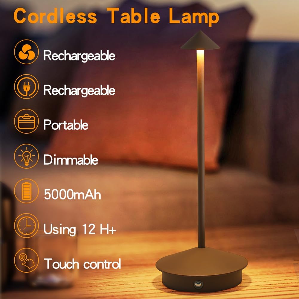 Cordless Table Lamp, 5000mAh Rechargeable Battery Powered LED Desk Lamp, Portable Touch Control Outdoor Table Lamps,3 Color Dimmable Light for Restaurant, Patio, Bedroom, Night Lamp (Brown)