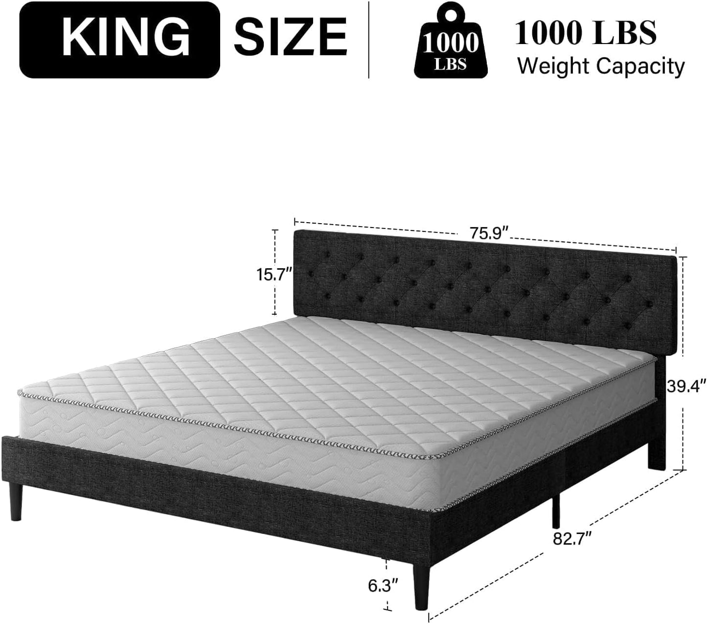 HOMBCK King Size Bed Frame Black, Linen Fabric Upholstered Bed Frame King and Headboard, Wood Slats Support, Button Tufted Design, No Box Spring Needed, Dark Grey