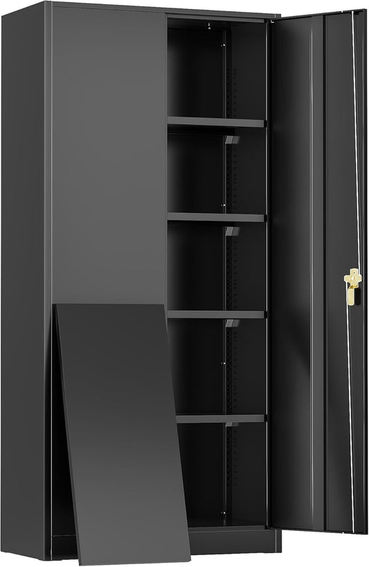 Greenvelly 72" H Metal Storage Cabinet, 32" W x 16" D Black Metal Cabinet with 2 Doors and 4 Adjustable Shelves, Locking Cabinets for Office, Home, Garage, School
