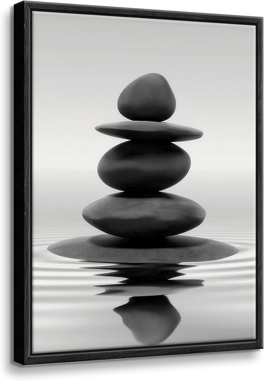 DCMVJHZV Framed Black and White Bathroom Wall Art Zen Stones in the water Bathroom Wall Art Yoga Meditation Picture Wall Decor Spa Room Bedroom Living Room Wall Painting Print (16"x24")