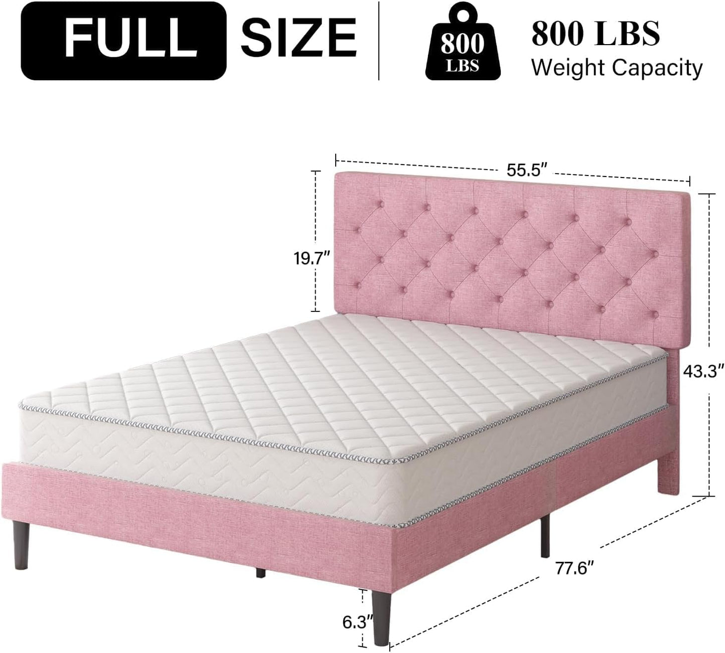 HOMBCK Full Bed Frame with Headboard, Linen Fabric Upholstered Bed Frame Full, Pink Bed Frame with Wood Slats, Button Tufted, No Box Spring Needed, Pink