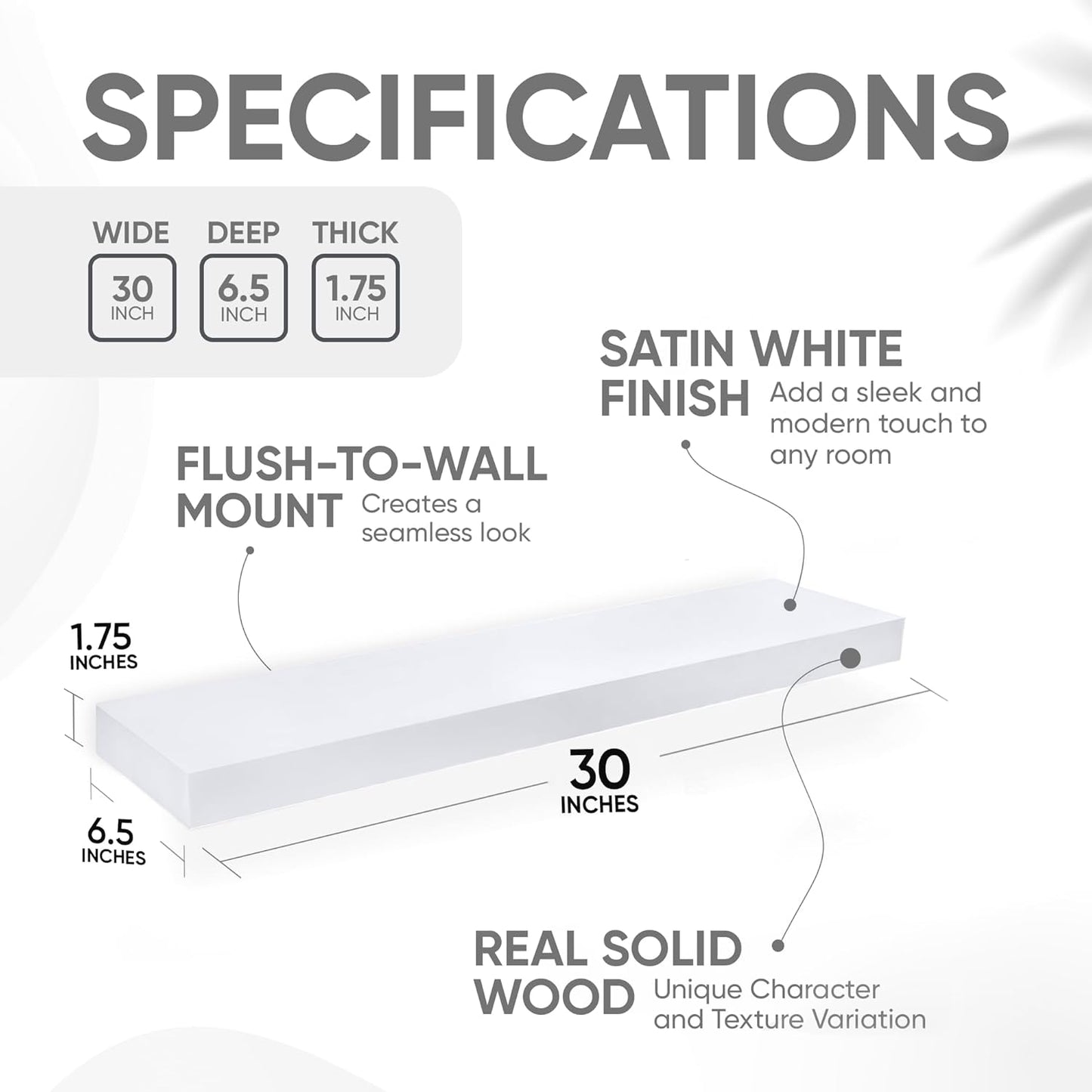 Homeforia White Floating Shelves 30 inch, High End Solid Real Wood 30inch Floating Shelf for Wall Mounted, White Wooden 30in Long Floating Shelves, Heavy Duty Bracket, 30 X 6.5 X 1.75 inches, Set of 3