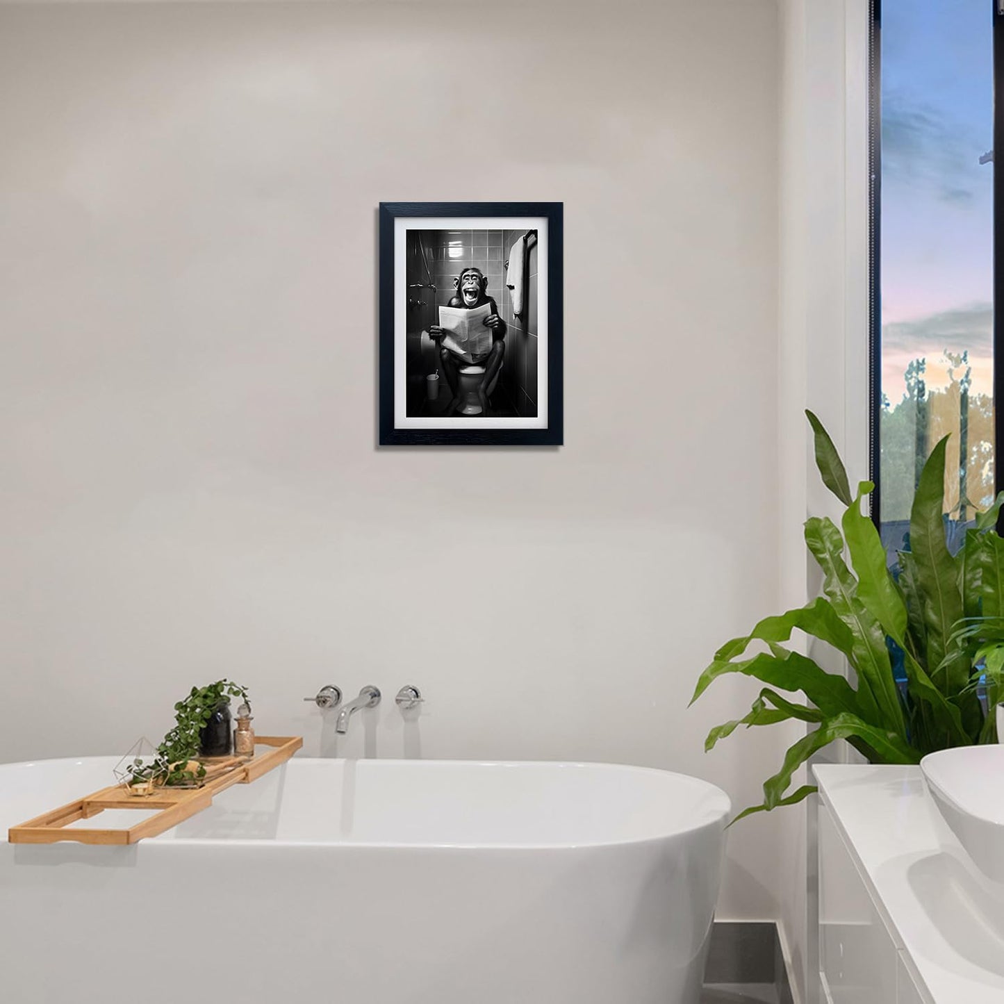 Framed Black and White Animal Bathroom Wall Art Monkey Reading Newspaper Toilet Humor Decor Funny Bathroom Wall Decor