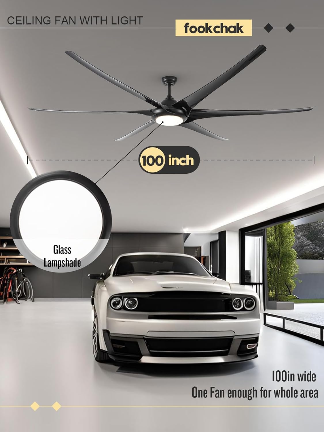 100in Black Large Ceiling Fan with Lights 6 Blade Outdoor Ceiling Fan Light for Patio Remote Control Ceiling Fans LED Light for Garage Gym Room Living Room Office Restaurant