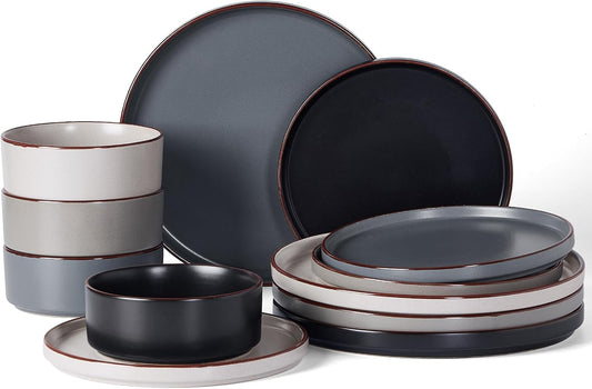 Famiware Nebula Ridge Stoneware Dinnerware Sets, Plates and Bowls Sets for 4, 12 Pieces Dishes Set, Microwave and Dishwasher Safe Kitchen Plates, Multi-color