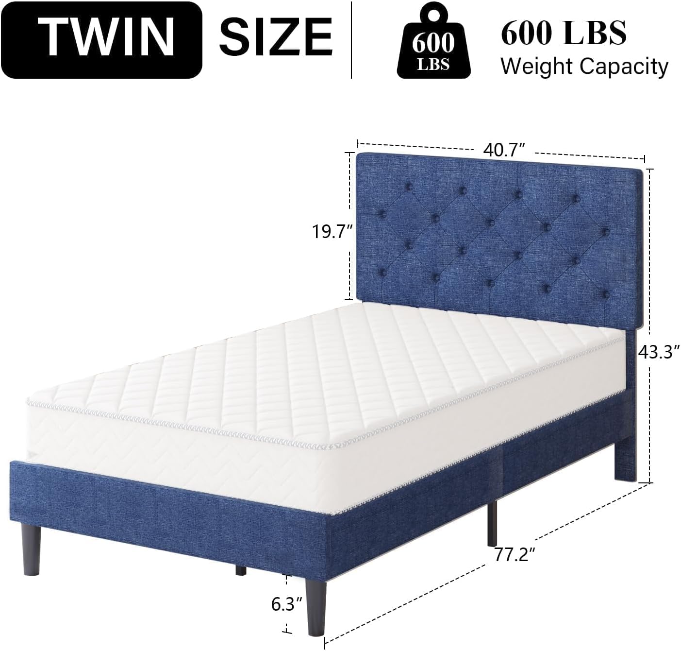HOMBCK Twin Size Bed Frame with Adjustable Headboard, Blue Linen Fabric Upholstered Bed Frame for Kids, Strong Wood Slat Support, Button Tufted Design, No Box Spring Needed, Blue