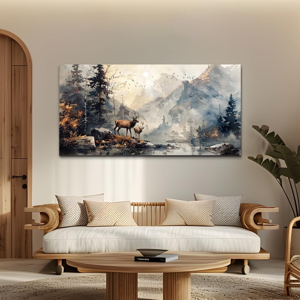 FUHAIHUA Canvas Wall Art For Living Room Framed Wall Decor For Bedroom Office Mountain Forest Landscape Ink Paintings Deer Pictures Artwork Modern Aesthetic Home Decor 20x40 In