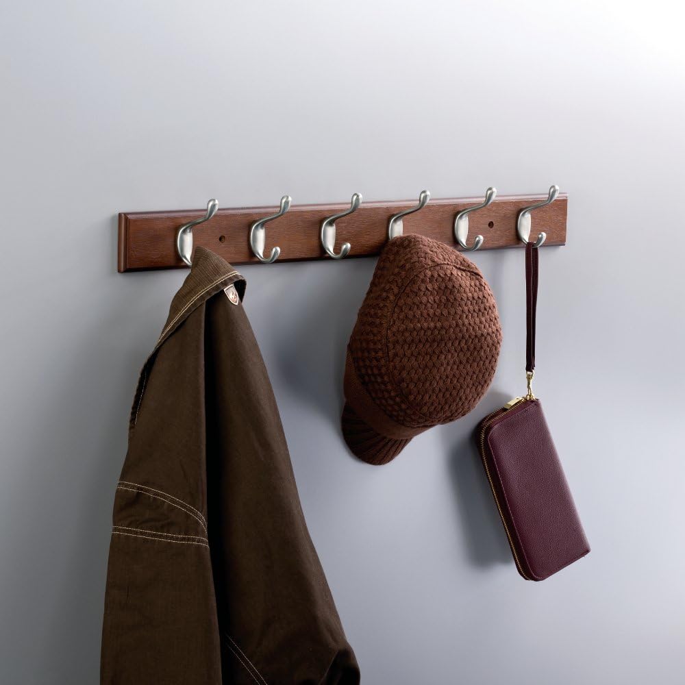 Franklin Brass Heavy Duty (1-Pack) 27" Coat Rack Wall Mount Brown Wood Rack with 6 Hooks Hanging Hook Rail for Clothes, Towels, Purses, Bags, Kitchen, Entry, Closet Organization FBHDCH6-511-R