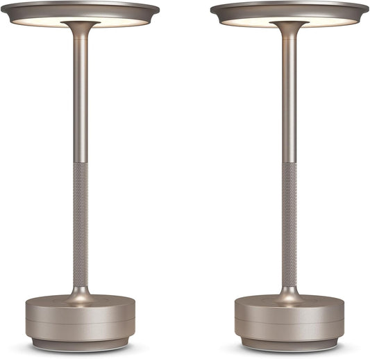 2 Pack Rechargeable Cordless Table Lamps, 5000mAh Portable LED Table Light, 3 Color Stepless Dimming Battery Powered Metal Table Lamp for Outdoor/Home/Restaurant.(Champagne Gold)