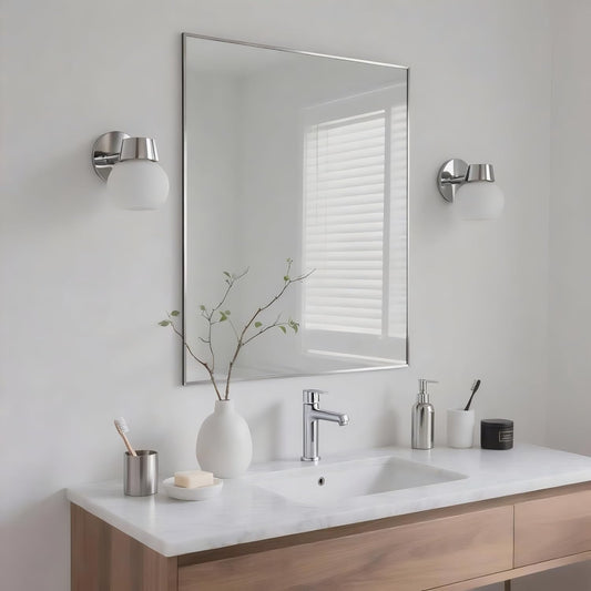 24x32 Inch Nickel Bathroom Mirror for Wall, Aluminum Frame Rectangle Rectangular Vanity Mirror, Modern Large for Bedroom, Living Room, Horizontal or Vertical