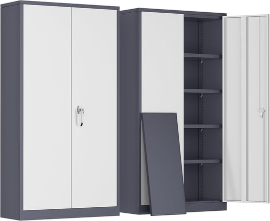 Greenvelly Metal Garage Storage Cabinet, Tall Locking Storage Cabinet with 2 Doors and 4 Adjustable Shelves, Steel Tool Cabinet, Lockable Filling Cabinet for Home, Office, Garage, School (Gray White)