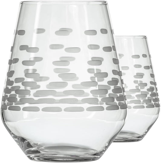 Rolf Glass Strata Stemless Wine Tumbler | Made in America | 18oz Stemless Wine Glass | Diamond Engraved Crystal Glass | Geometric Brick Design | Set of 2
