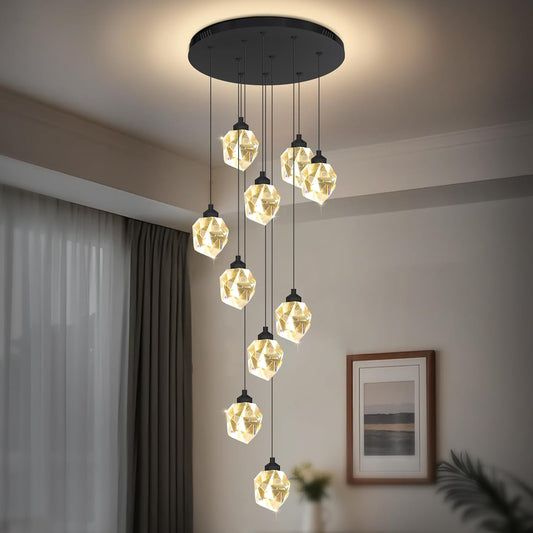 10-Lights Crystal Chandeliers for Living Room 120 inches Black Long Staircase Chandelier Foyer Entrance Crystal Ceiling Chandeliers LED Dimmable 3000-6000K