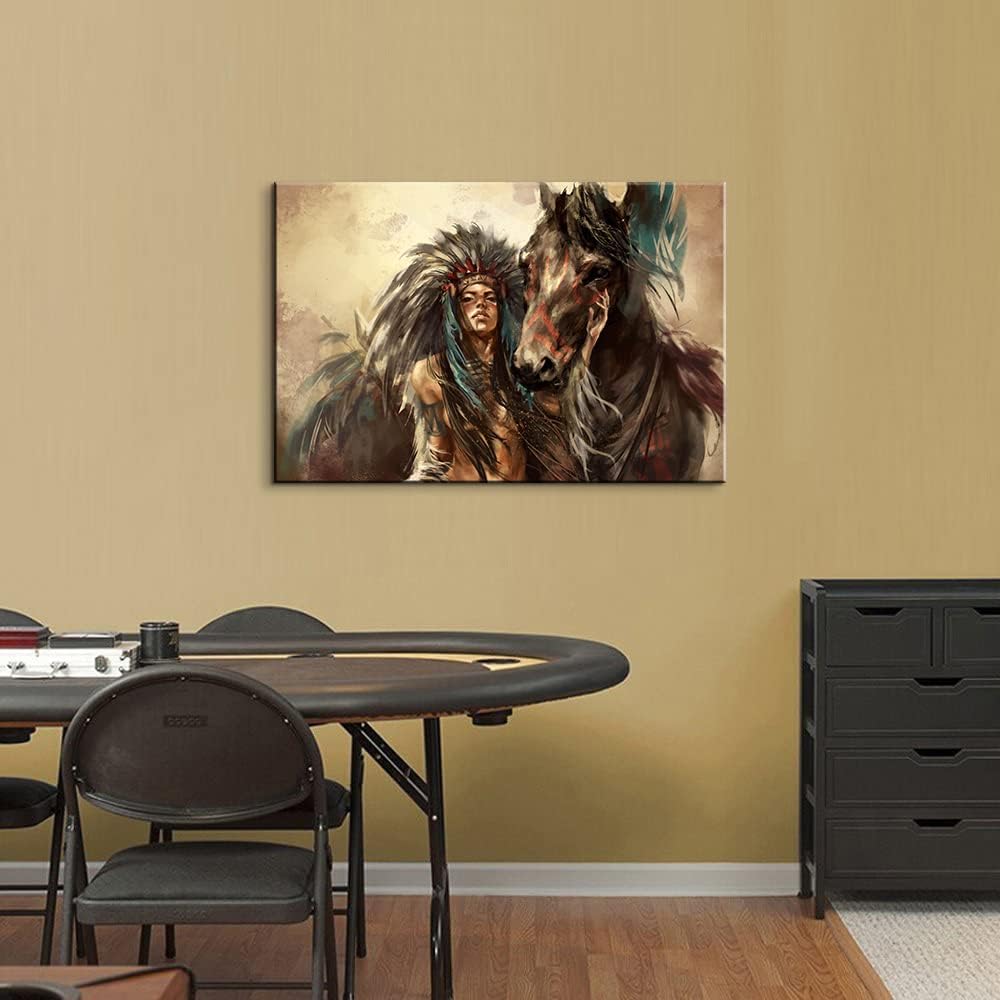 Mistyefly Framed Canvas Wall Art - Indian Girl (16''Hx24''W) - Native American Art - Earthy Tones, Multicolor - Living Room, Bedroom, Office, Hallway