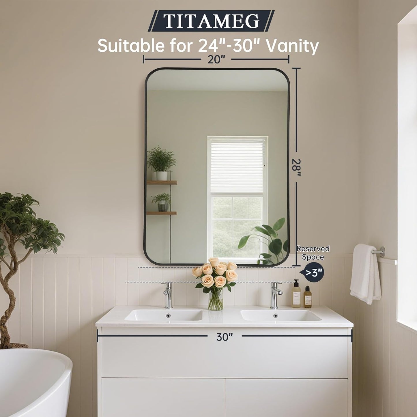 20x28 Inch Bathroom Mirror - Matte Black Framed Rectangle with Rounded Corner, Aluminum Alloy Framed Brushed Wall Mirror for Bedroom or Living Room, Vertical or Horizontal