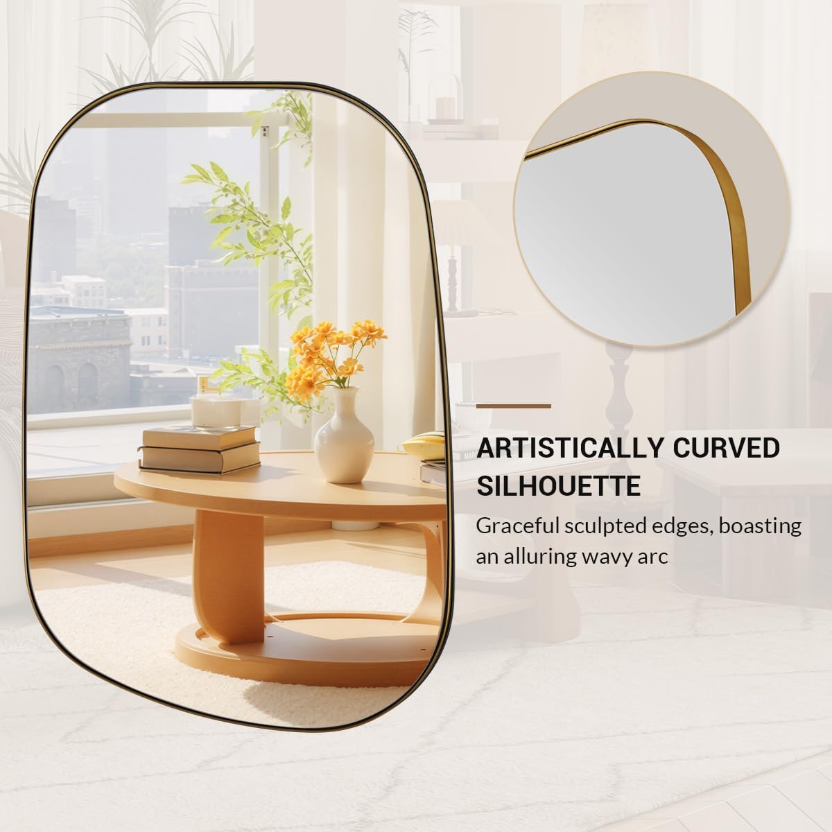 ANDY STAR Gold Bathroom Mirror, 22"x30" Brushed Brass Asymmetrical Wall Mirror in Stainless Steel Metal Frame, Unique Vanity Mirror with Modern Curved Design, Ideal for Bathroom, Bedroom, Entryway