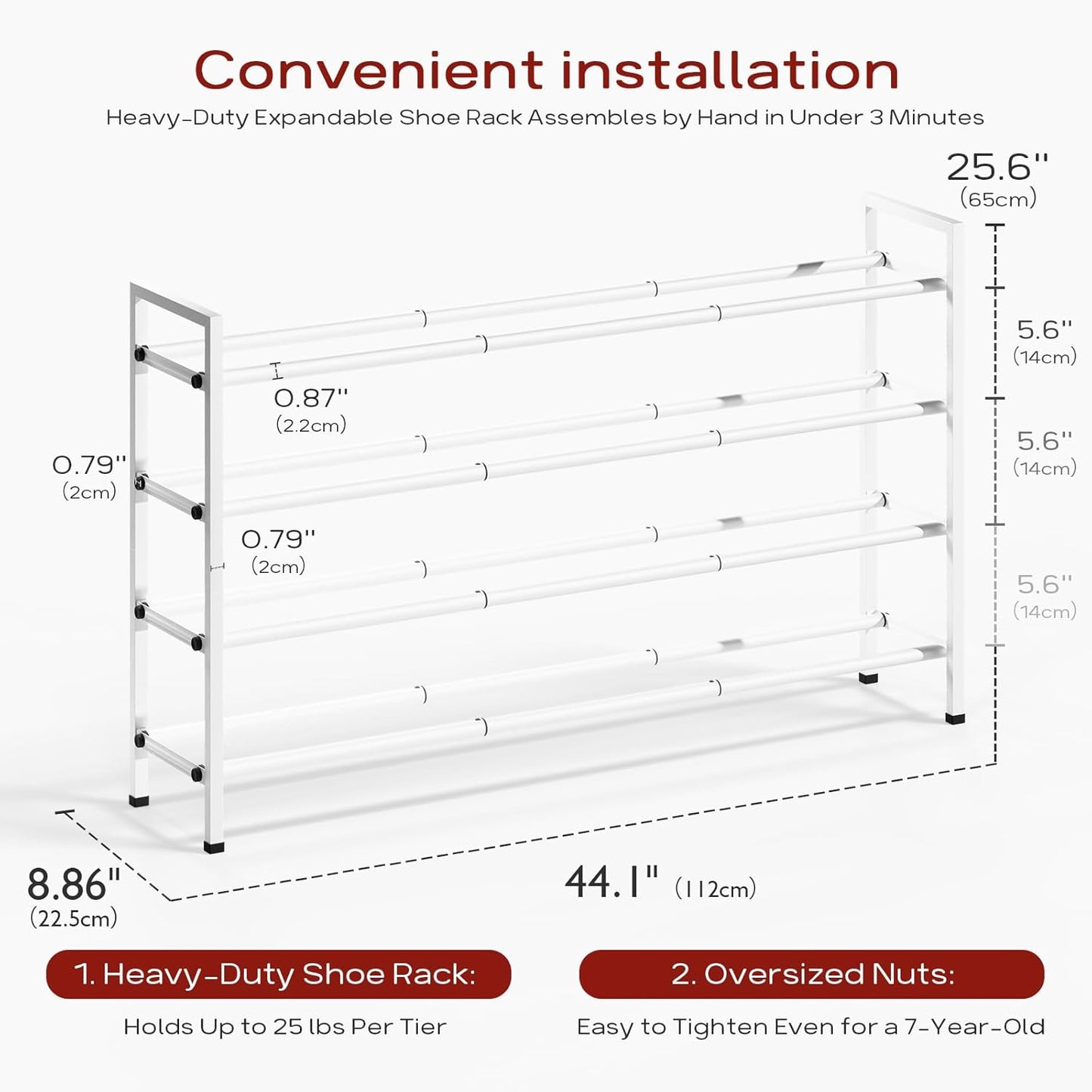 Bumusty 4-Tier Long Expandable Shoe Rack for Closet, 18"-44" Adjustable Shoe Rack for Entryway, 20-24 Pairs Large Shoe Organizer Shelf Storage, Sturdy Metal, White