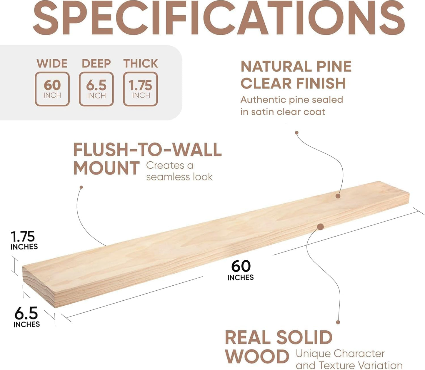 Homeforia 60 inch Natural Floating Shelf, High End Solid Real Wood 60inch Small Floating Shelves for Wall Mounted, Natural Wooden Floating Shelves, Heavy Duty Bracket, 60 X 6.5 X 1.75 in, Set of 3