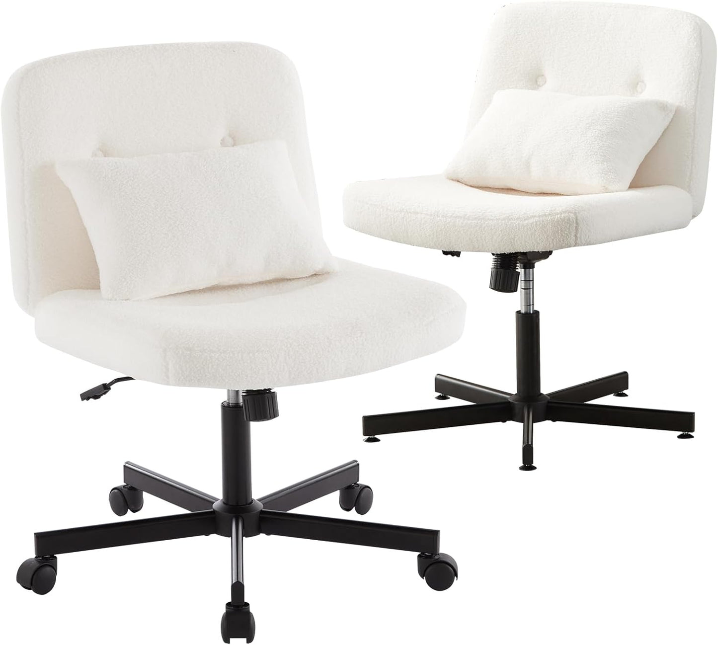 YFO Boucle Criss Cross Armless Home Office Chair with Replaceable Wheels/Fixed Base and Back Support for Living Room, Wide Seat Swivel Chair, White