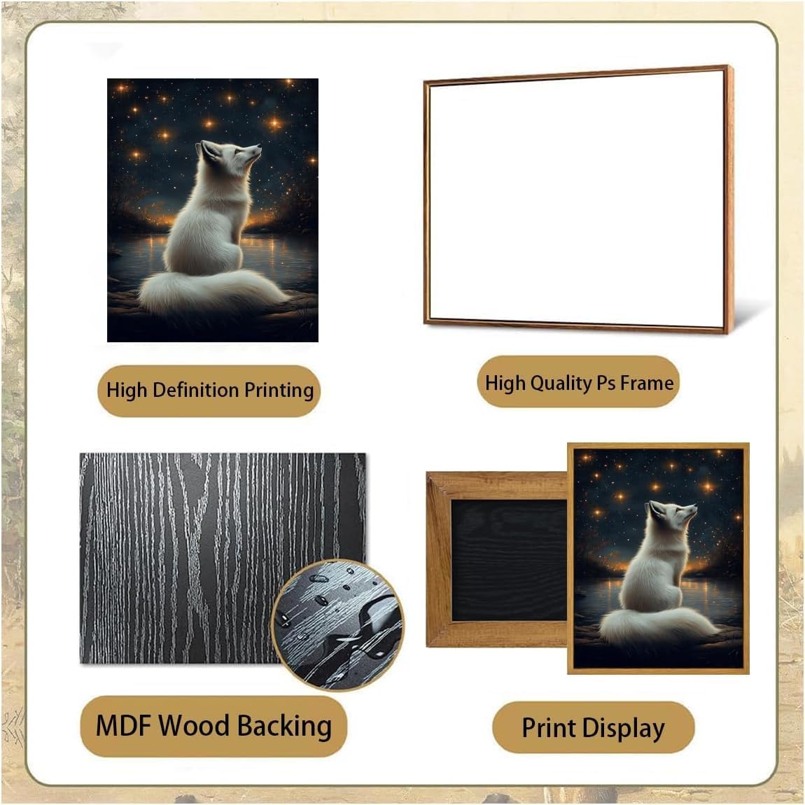 Djmwtb White Fox Framed Wall Art Starry Night Canvas Wall Art Nature Landscape Art Prints Woodland Animal Pictures Painting Wall Decor Artwork for Living Room 8x10in