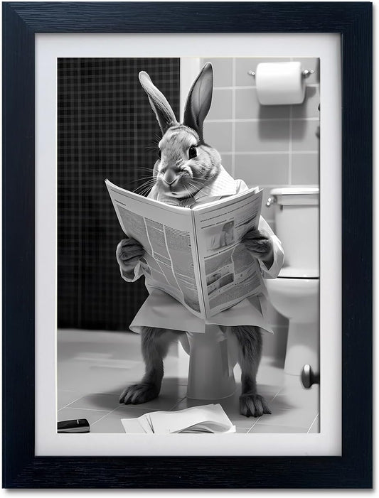 Kids Bathroom Wall Art Cute Rabbit Reading Newspaper in the Toilet Decor Black and White Farmhouse Animal Wall Art Canvas Print Funny Bathroom Picture Artwork