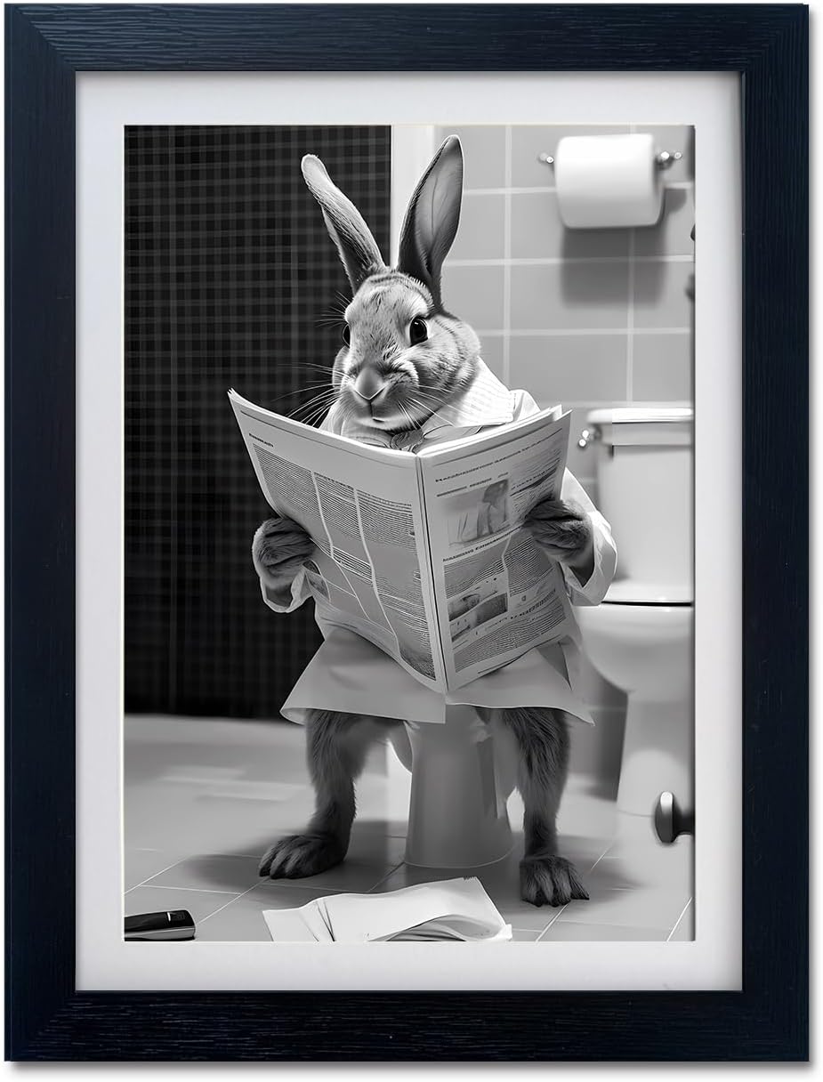 Kids Bathroom Wall Decor Cute Rabbit Reading Newspaper in the Toilet Black and White Farmhouse Animal Wall Art Framed Canvas Print Bathroom Picture Artwork