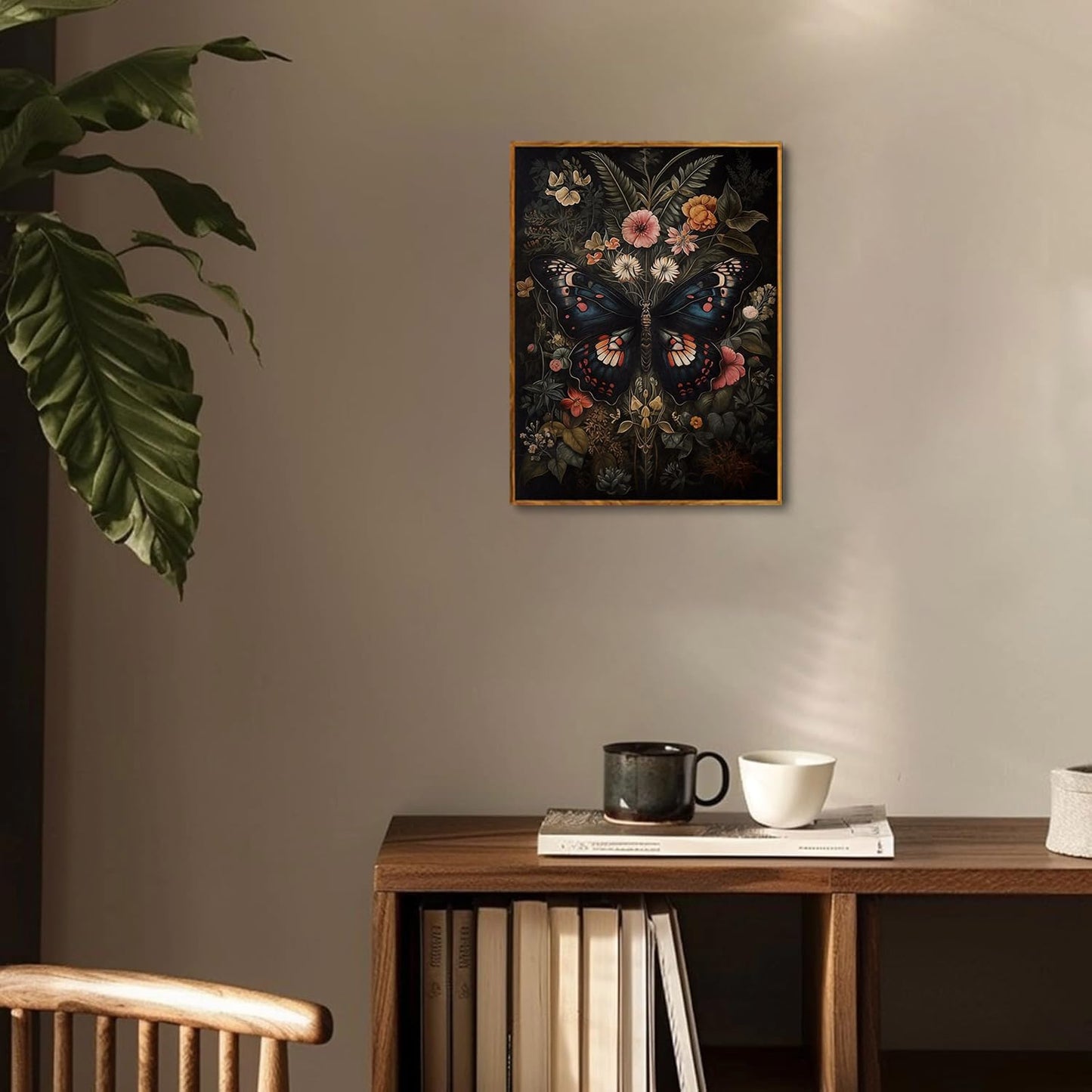 Djmwtb Vintage Framed Wall Art Butterfly Canvas Wall Art Prints Gothic Botanical Floral Pictures Dark Academia Flower Painting Artwork for Living Room Bedroom Bathroom Office 12x16in