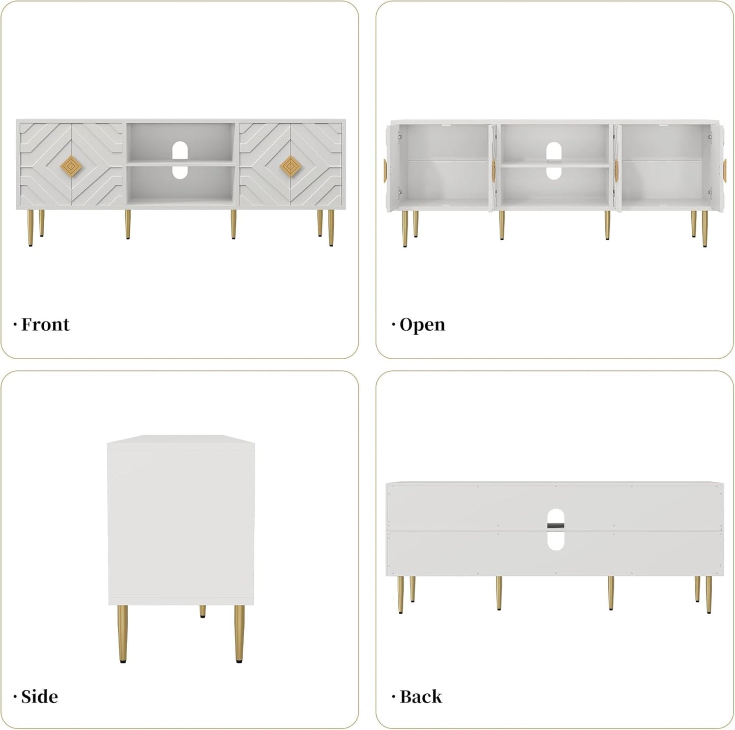 HLR 63'' White TV Stand for 65/70/75 inch TV, Entertainment Center with Storage Cabinets and Embossed Pattern Doors, Mid Century Modern Media TV Console Table for Living Room Bedroom