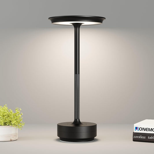 Cordless Table Lamp, LED Rechargeable Table Light with 3 Temp Settings, Stepless Dimming, 5000mAh Battery, USB-C, Memory, Aluminum Alloy, for Home, Patio, Restaurant, Outdoor. Black