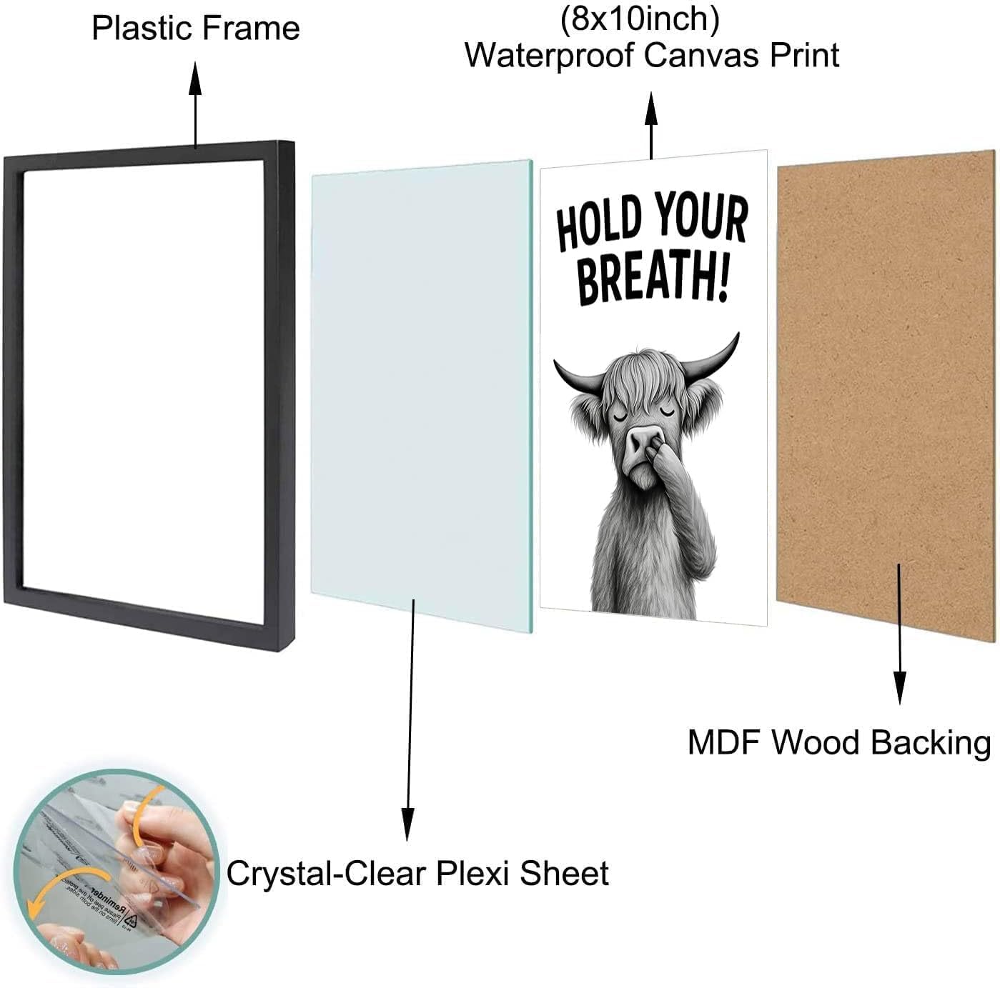 Funny Bathroom Wall Art - Highland Cow Nose Picking Canvas Print, Black and White Humorous Animal Picture, Modern Framed Decor for Home, Restroom (Cow Hold Your Breath, 10"L x 8"W, Framed)