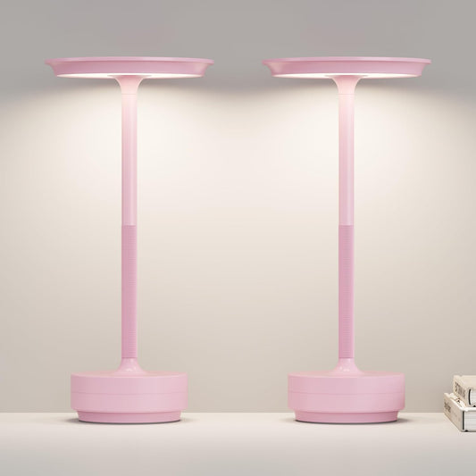 Cordless Table Lamp Set of 2, Type-C Rechargeable 5000mAh Battery Powered LED Table Lamps with Memory Function,3 Color Stepless Dimming for Outdoor Patio, Restaurant, Cafe(2P Pink)