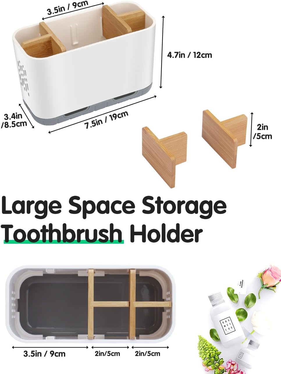 Toothbrush Holders for Bathrooms - Bamboo Divider Toothbrush and Toothpaste Holder with Drainage, Kids Electric Toothbrush Organizer for Bathroom Countertop, White Tooth Brush Holder