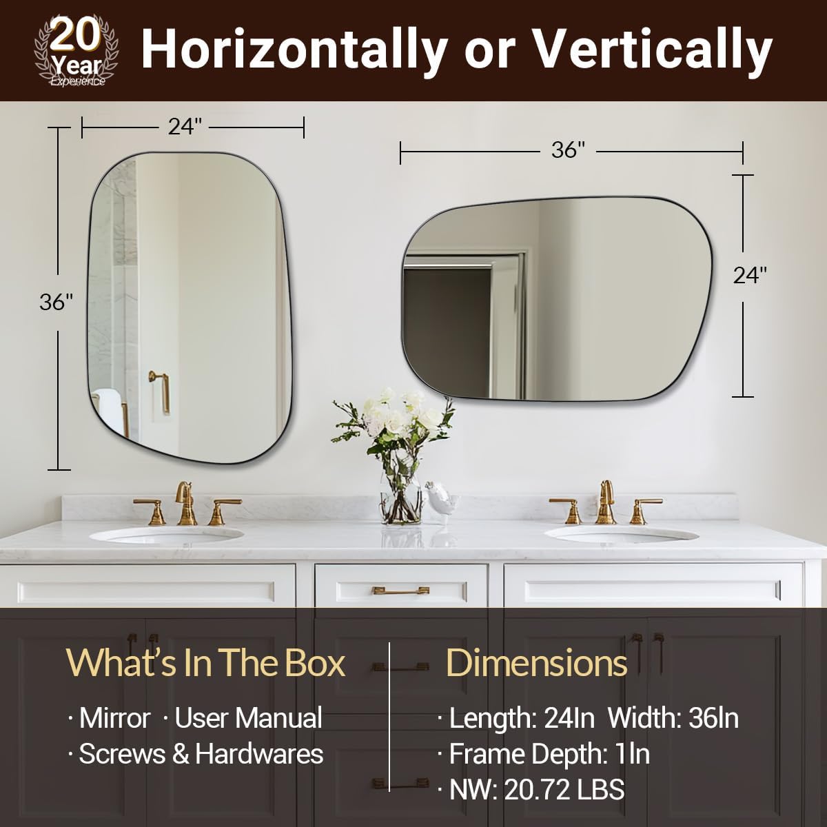 ANDY STAR Brushed Nickel Mirror, 22"x30" Silver Asymmetrical Wall Mirror for Bathroom, Unique Irregular Design with SUS304 Stainless Steel Metal Frame, Ideal for Bathroom, Bedroom, Entryway