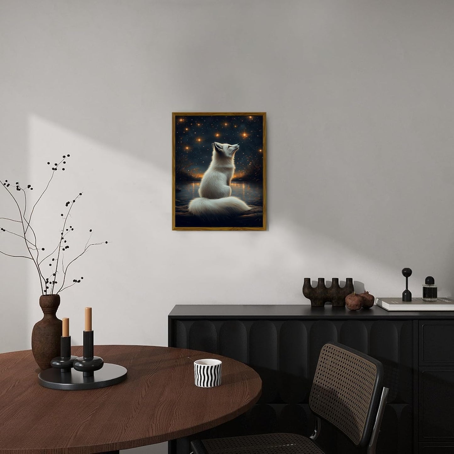 Djmwtb White Fox Framed Wall Art Starry Night Canvas Wall Art Prints Woodland Animal Painting Whimsical Nature Landscape Pictures Artwork for Living Room Bedroom 12x16in