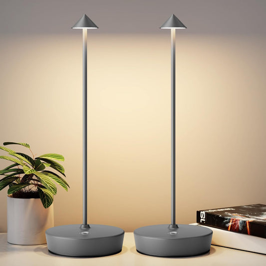 2Pack Rechargeable Cordless Table Lamp, Portable Powered LED Battery 6000mAh Metal USB Desk Lamp, 3 Levels Brightness Light for Restaurants Outdoor (2pack Gray)