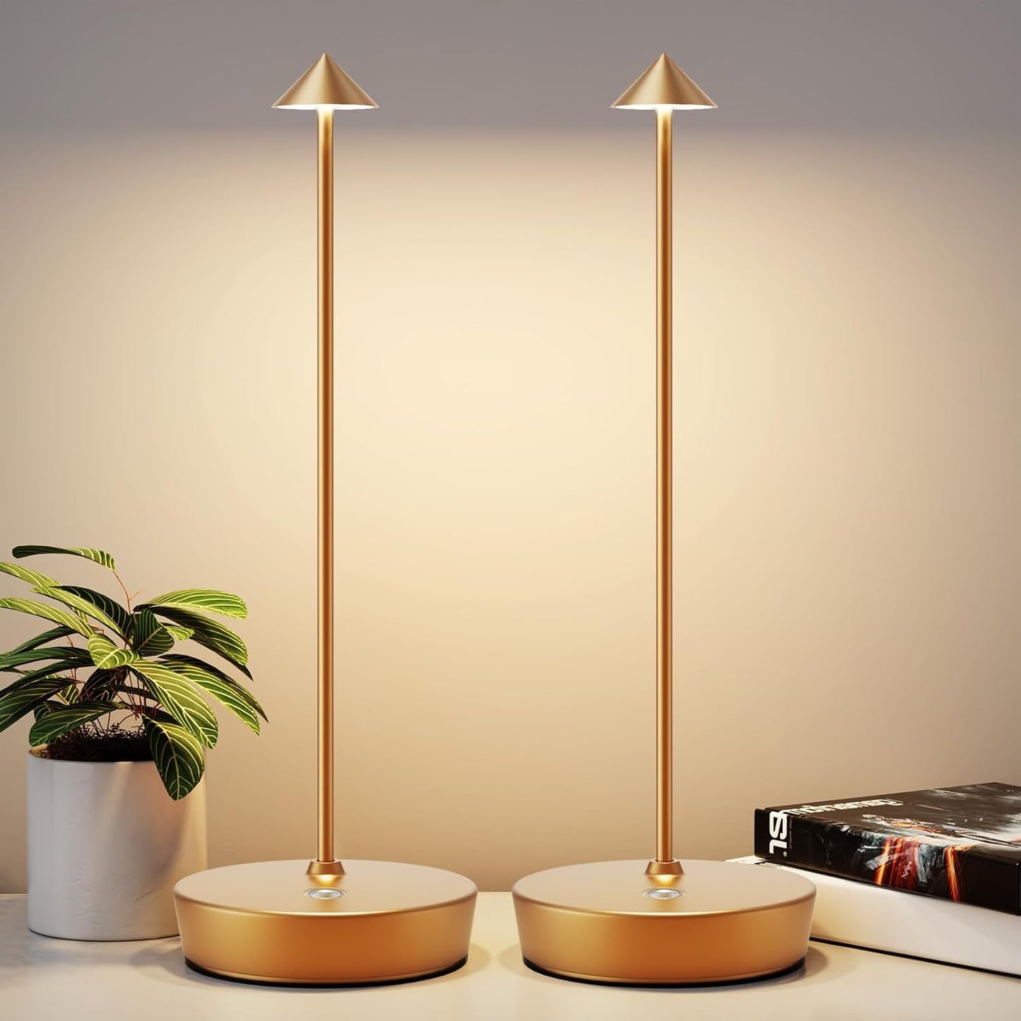 2Pack Rechargeable Cordless Table Lamp, Portable Powered LED Battery 6000mAh Metal USB Desk Lamp, 3 Levels Brightness Light for Restaurants Outdoor (2pack Gold)