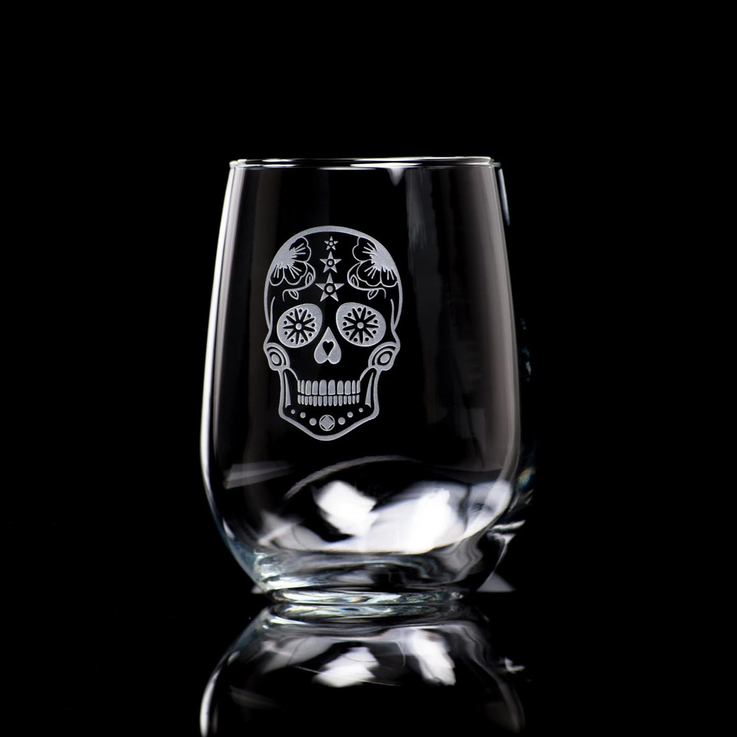 Rolf Glass Sugar Skull Stemless Wine Glass (Set of 4), 17 oz, Clear