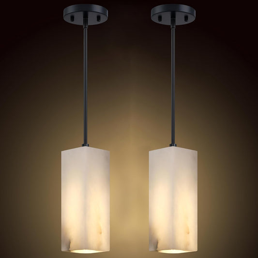 1 Light Modern Industrial Farmhouse Hanging Kitchen Island Pendant Ceiling Light Fixture,Square Natural Alabaster Marble Black Finish Over Sink Restaurant bar Corridor