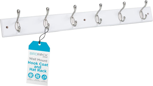 BIRDROCK HOME Oval Hook Coat and Hat Rack | 6 Hooks | Wall Mount | White Finish | Satin Nickel Hooks