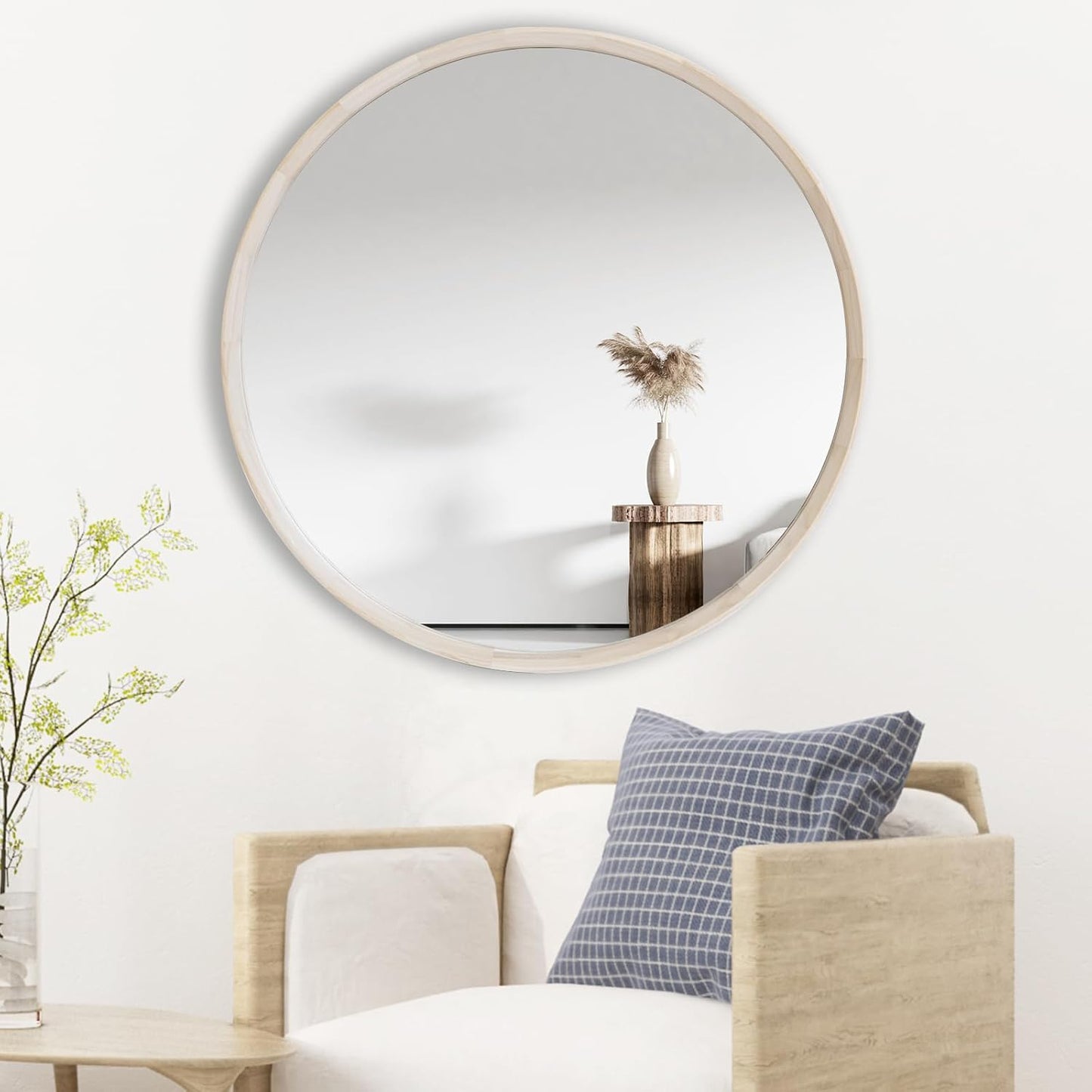 Natural Wood Round Mirror, 24 Inch - Large Wall Circle Mirror for Bathroom or Nursery Decor
